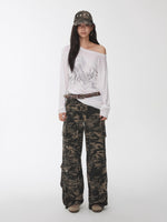 Washed Camo Multi-Pocket Cargo Wide-Leg Pants