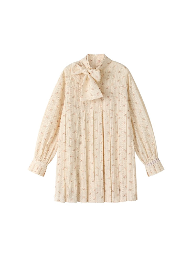 Pleated Floral Tie-Neck Lantern-Sleeve Mini Dress