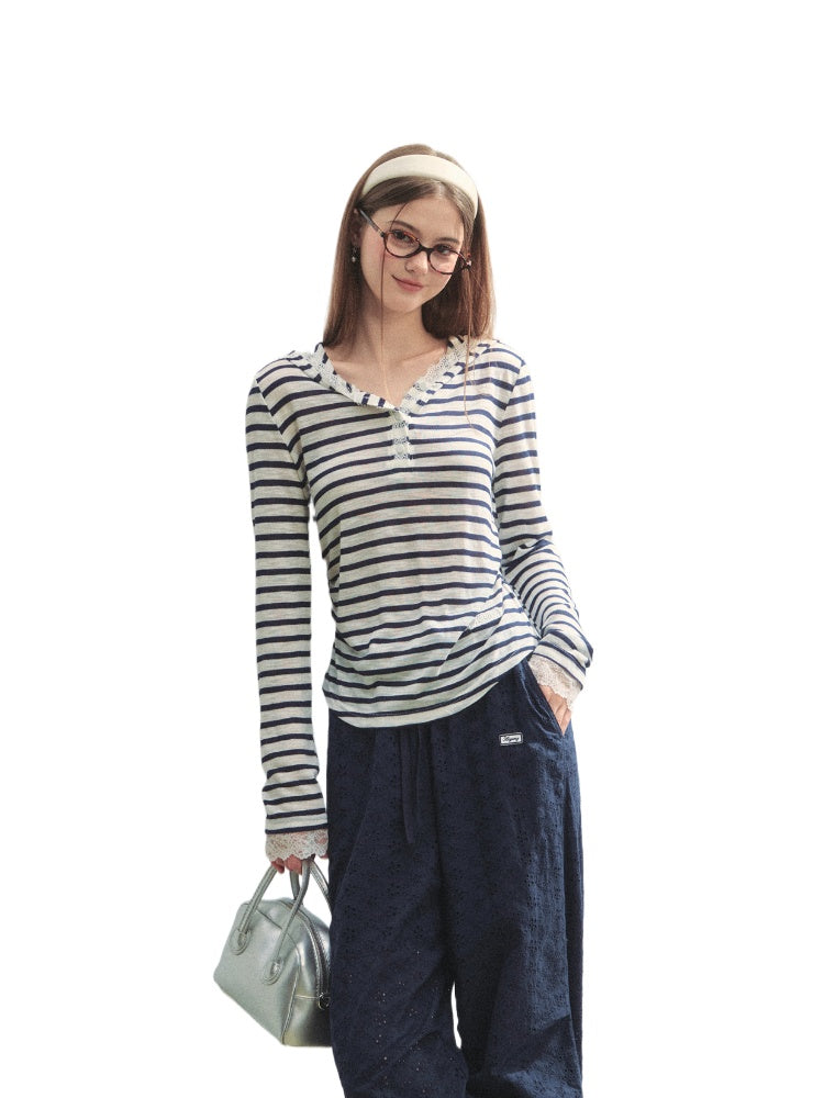 Striped Color-block Lace Spliced T-Shirt