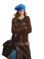 Brown Bow Embroidered Cable Knit Cardigan