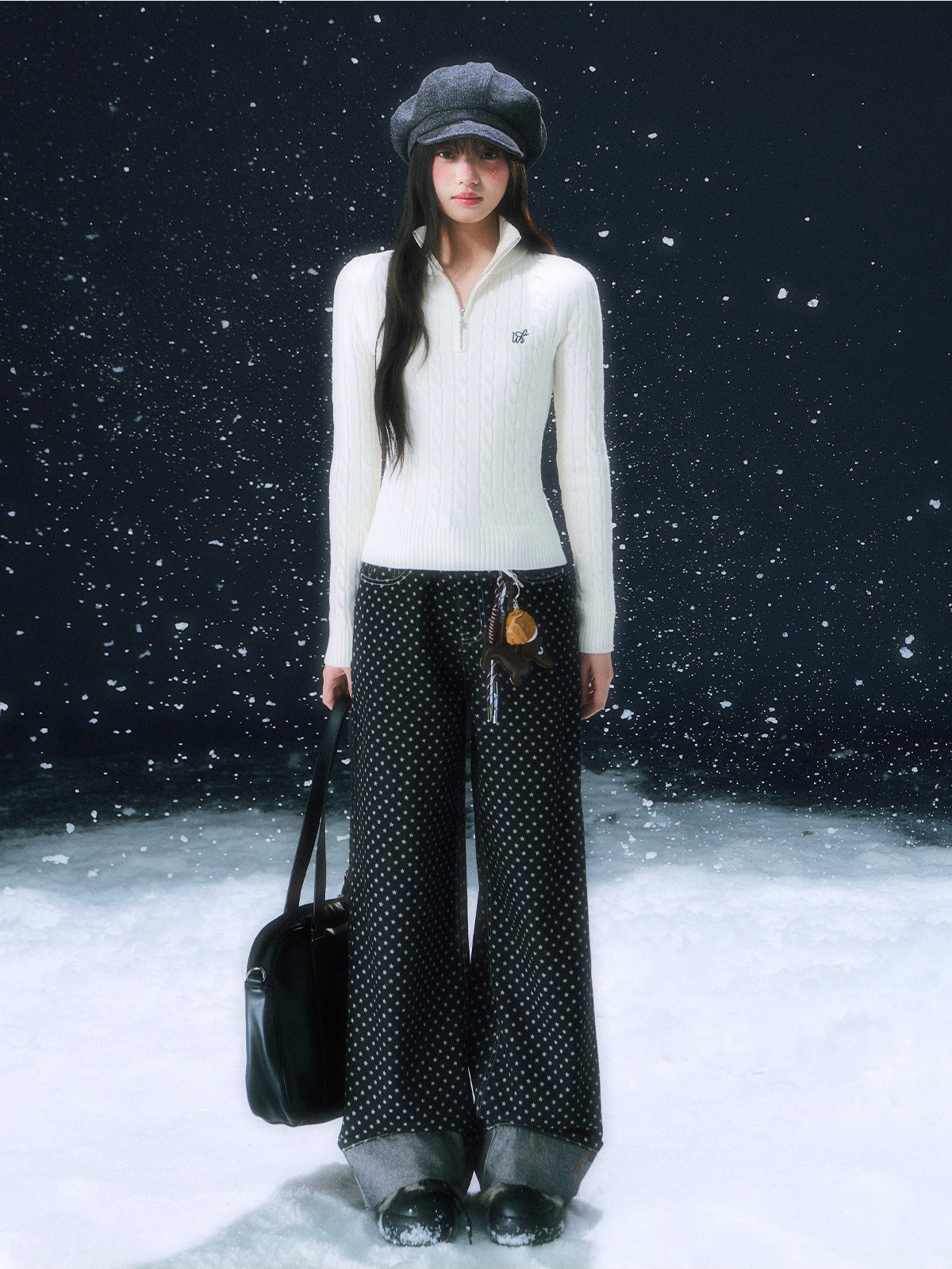 Star Pattern Wide-Leg Denim Pants