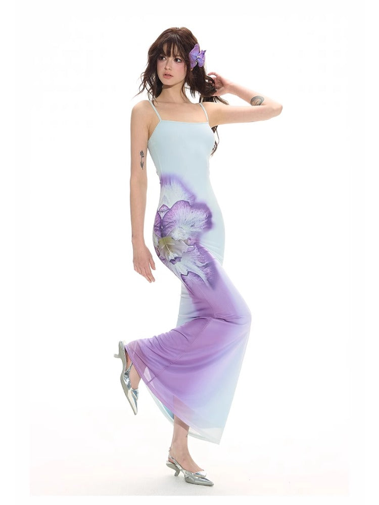Blue 3D Gradient Floral Dress &amp; Vest Set