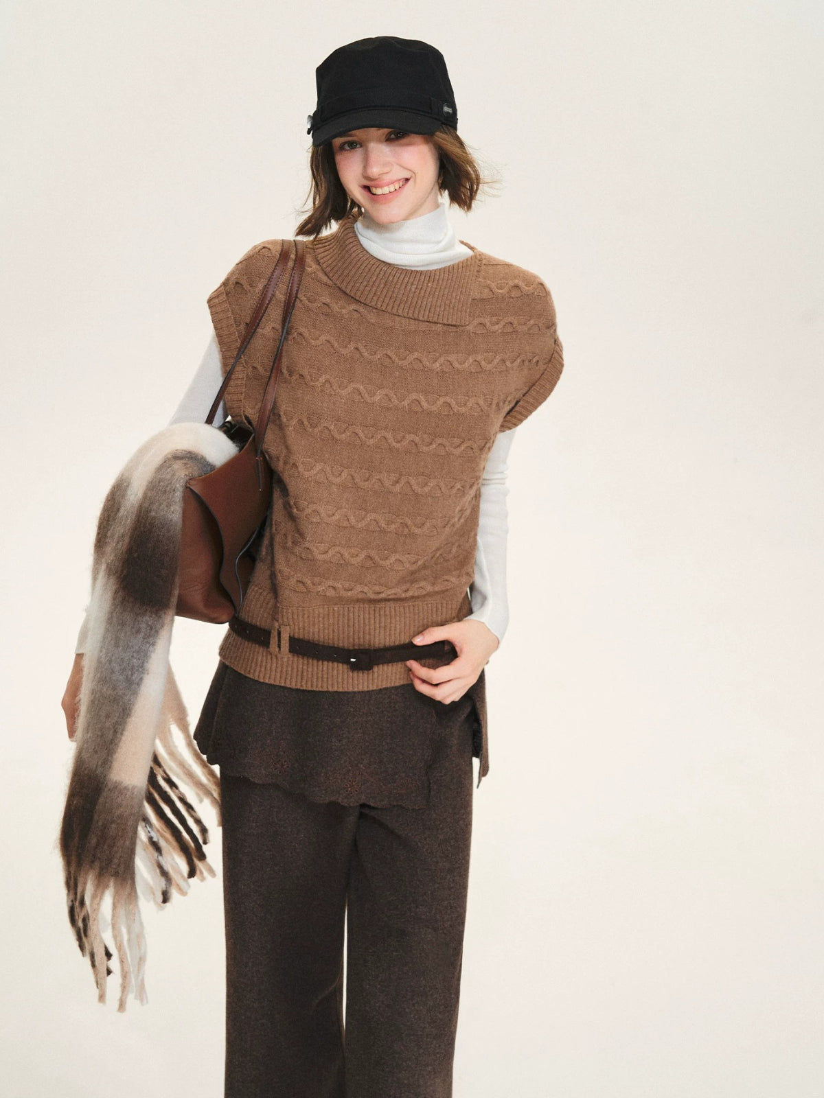 Belted Collared Wool Blend Vest