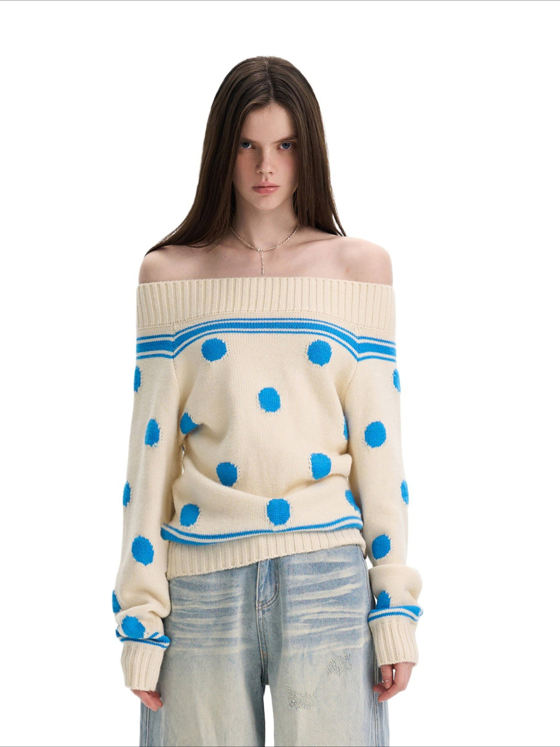 Polka Dot Knit Off-shoulder Top