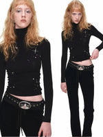 Rhinestone Lyocell Wool Turtleneck Top