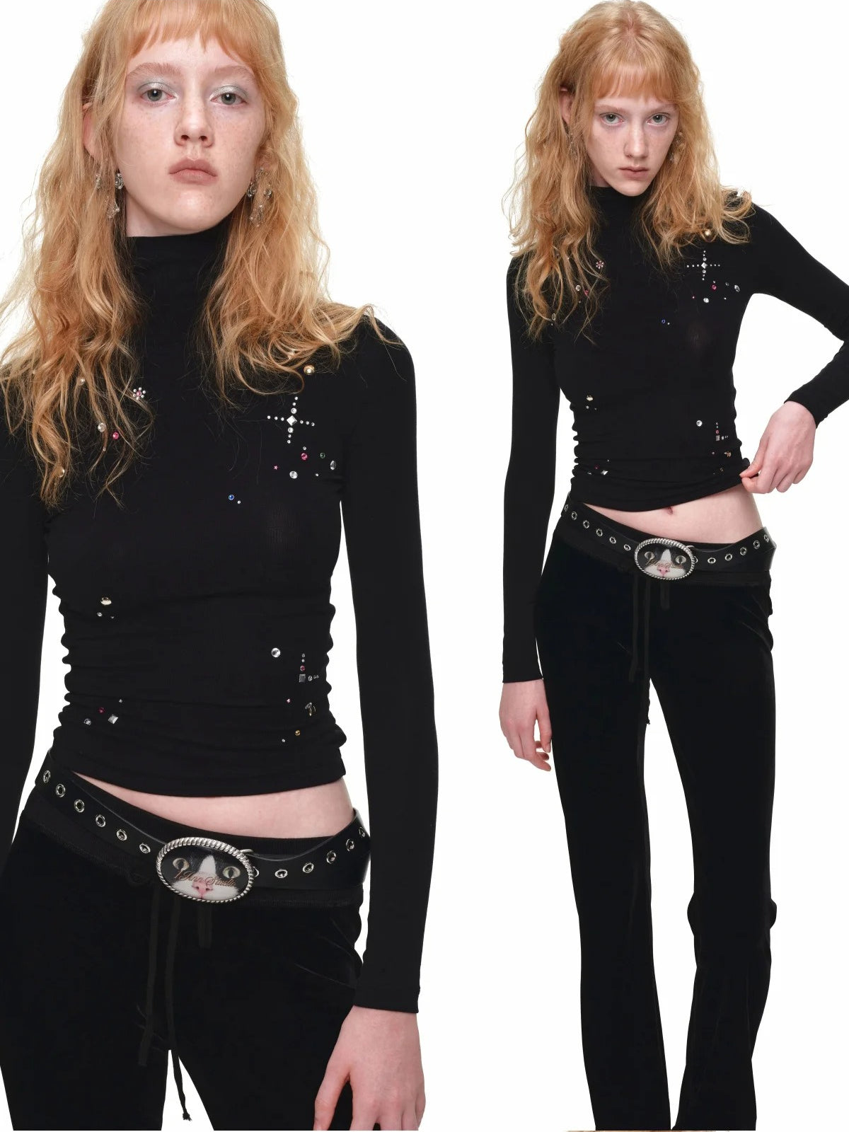 Rhinestone Lyocell Wool Turtleneck Top
