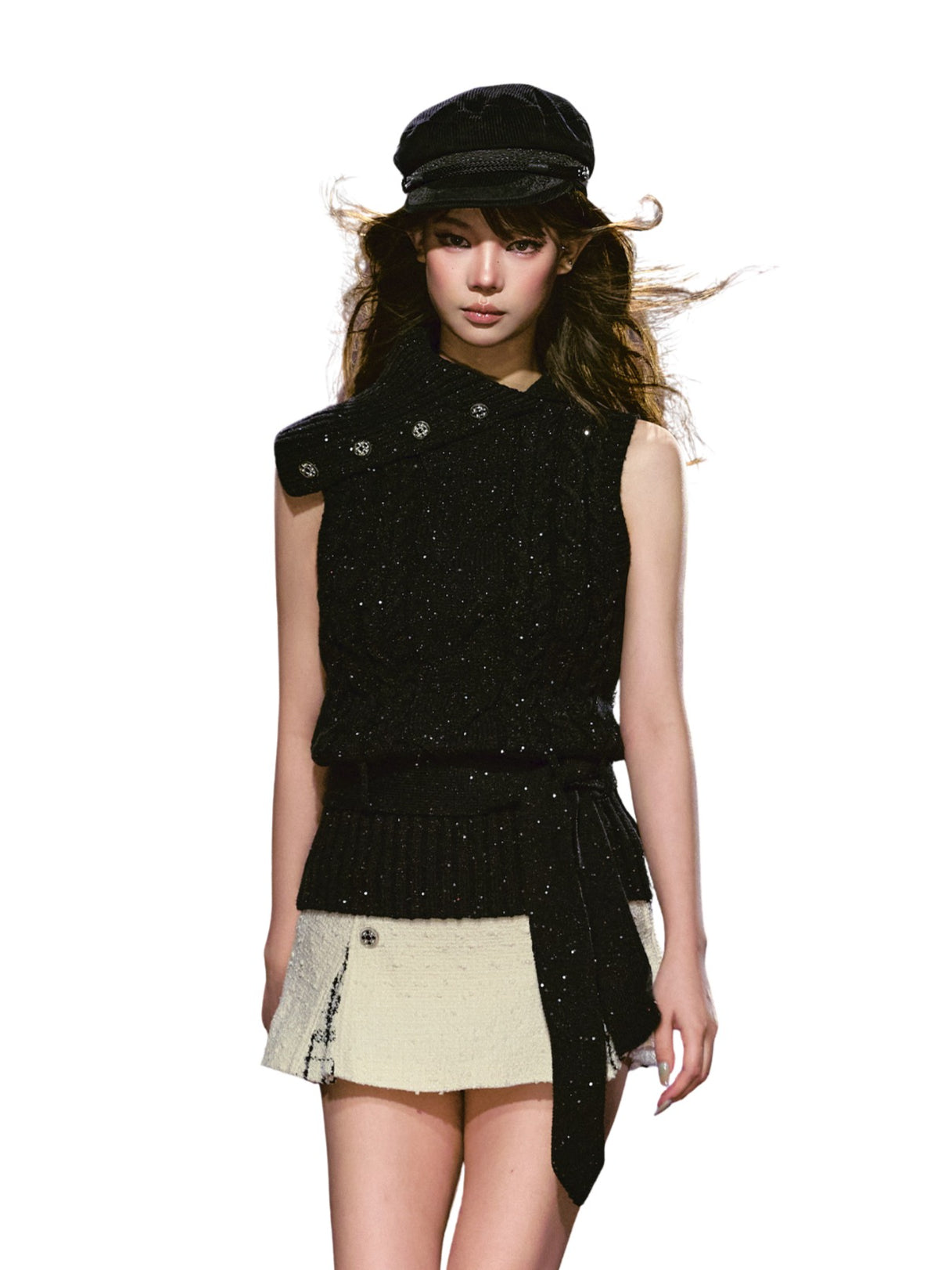 Black Sequin Cable Knit Vest