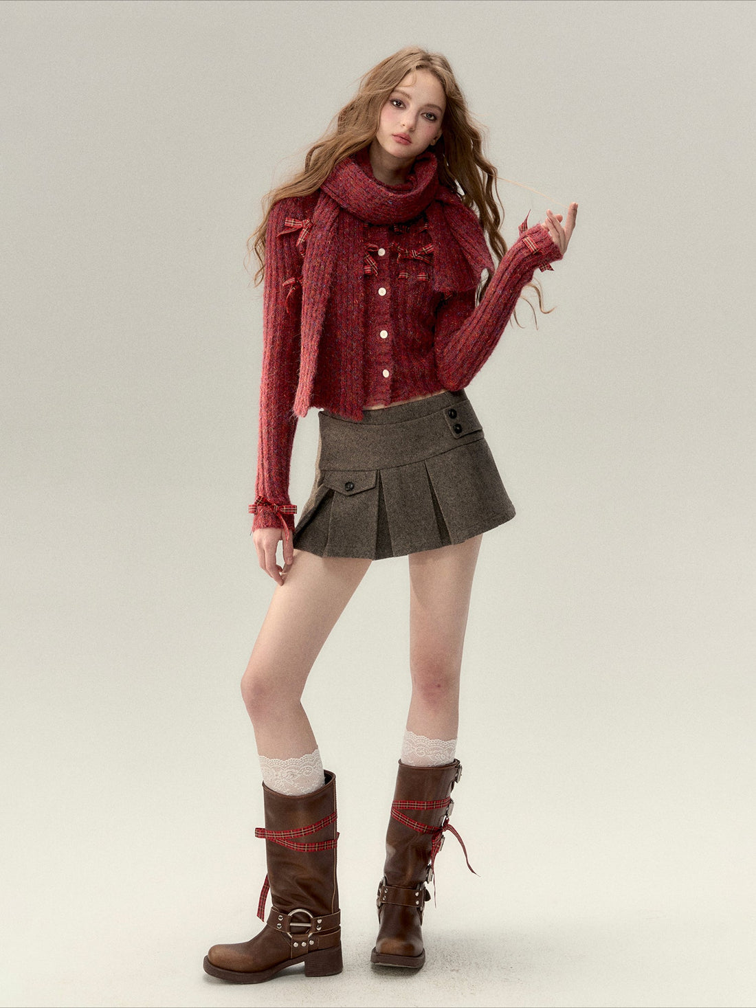 Bowknot Knit Cardigan & Hat & Scarf Set