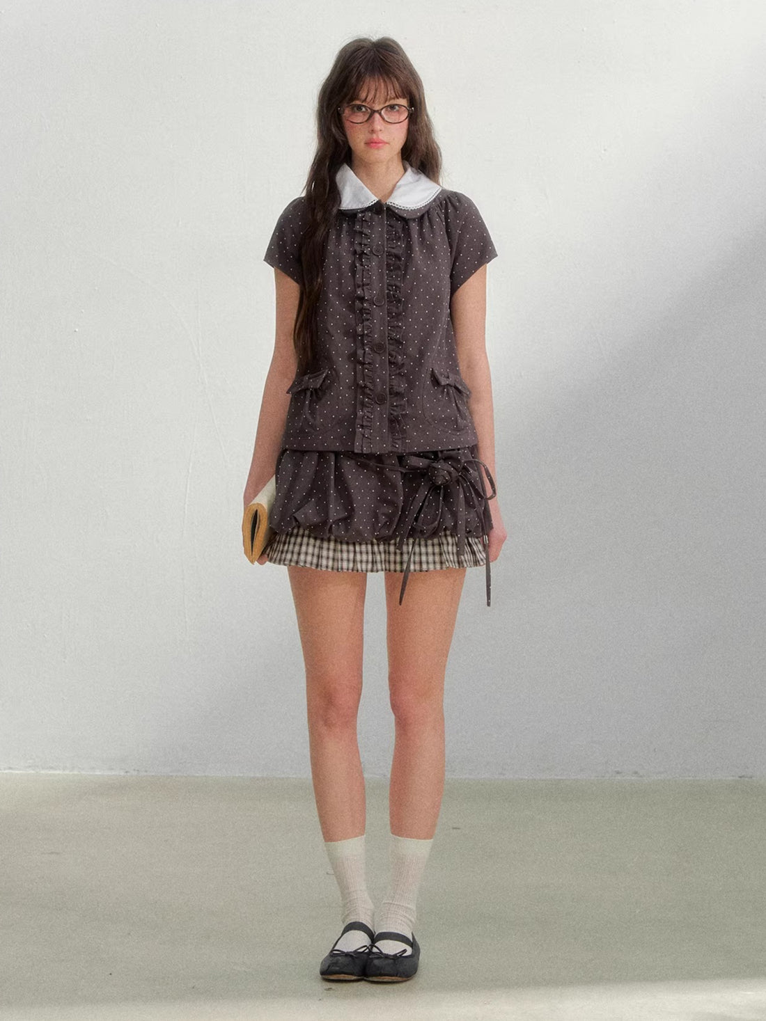 Polka Doll Collar Shirt &amp; Skirt Set