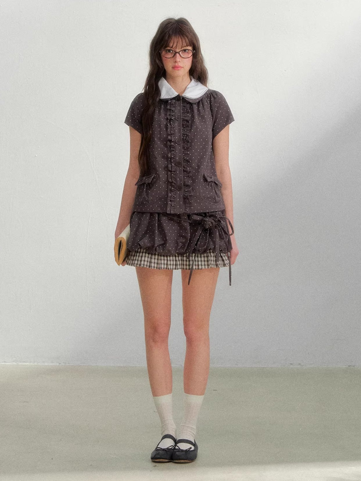 Polka Doll Collar Shirt &amp; Skirt Set