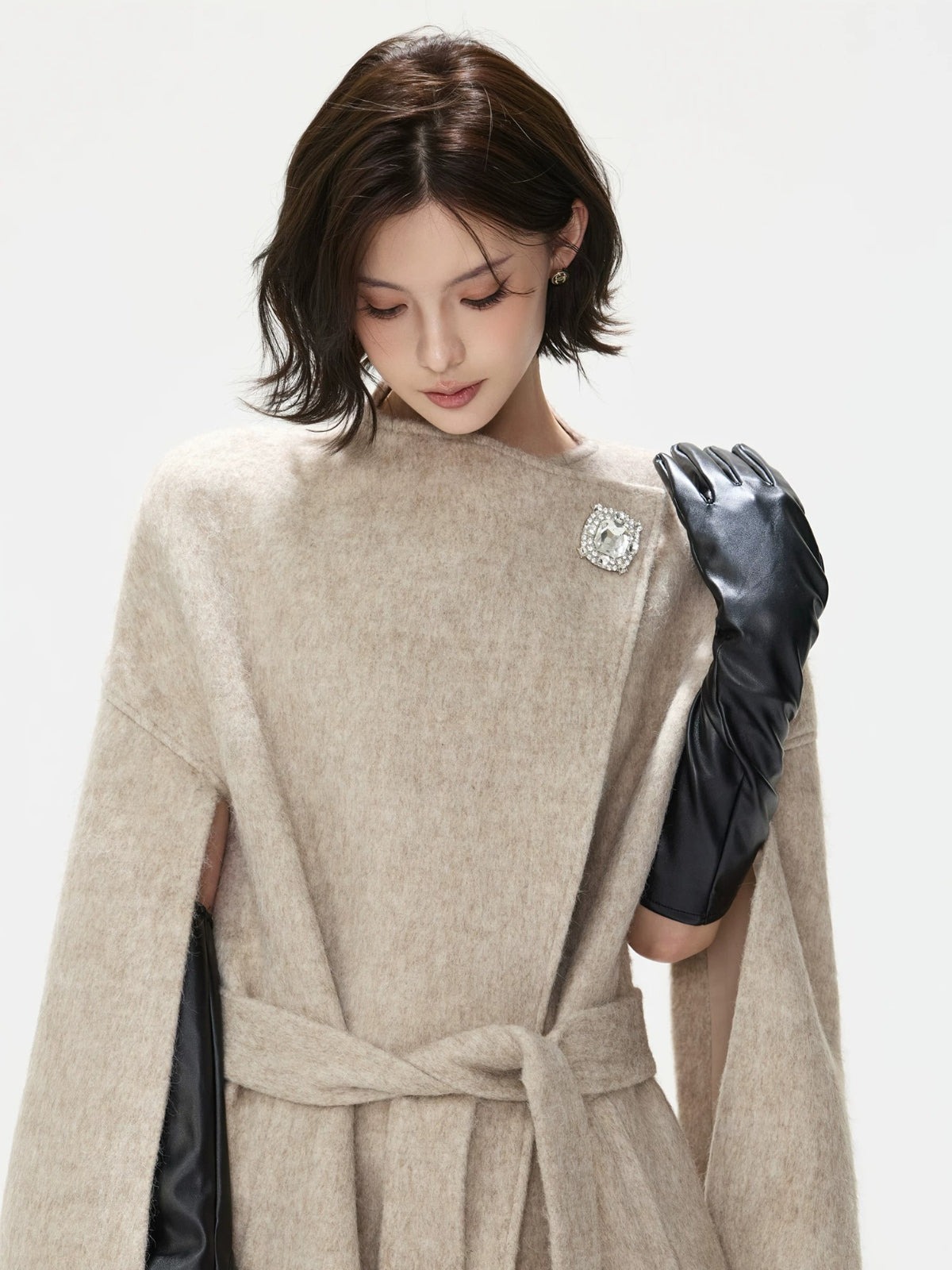 Embellished Buckle Belted Wool Blend Coat