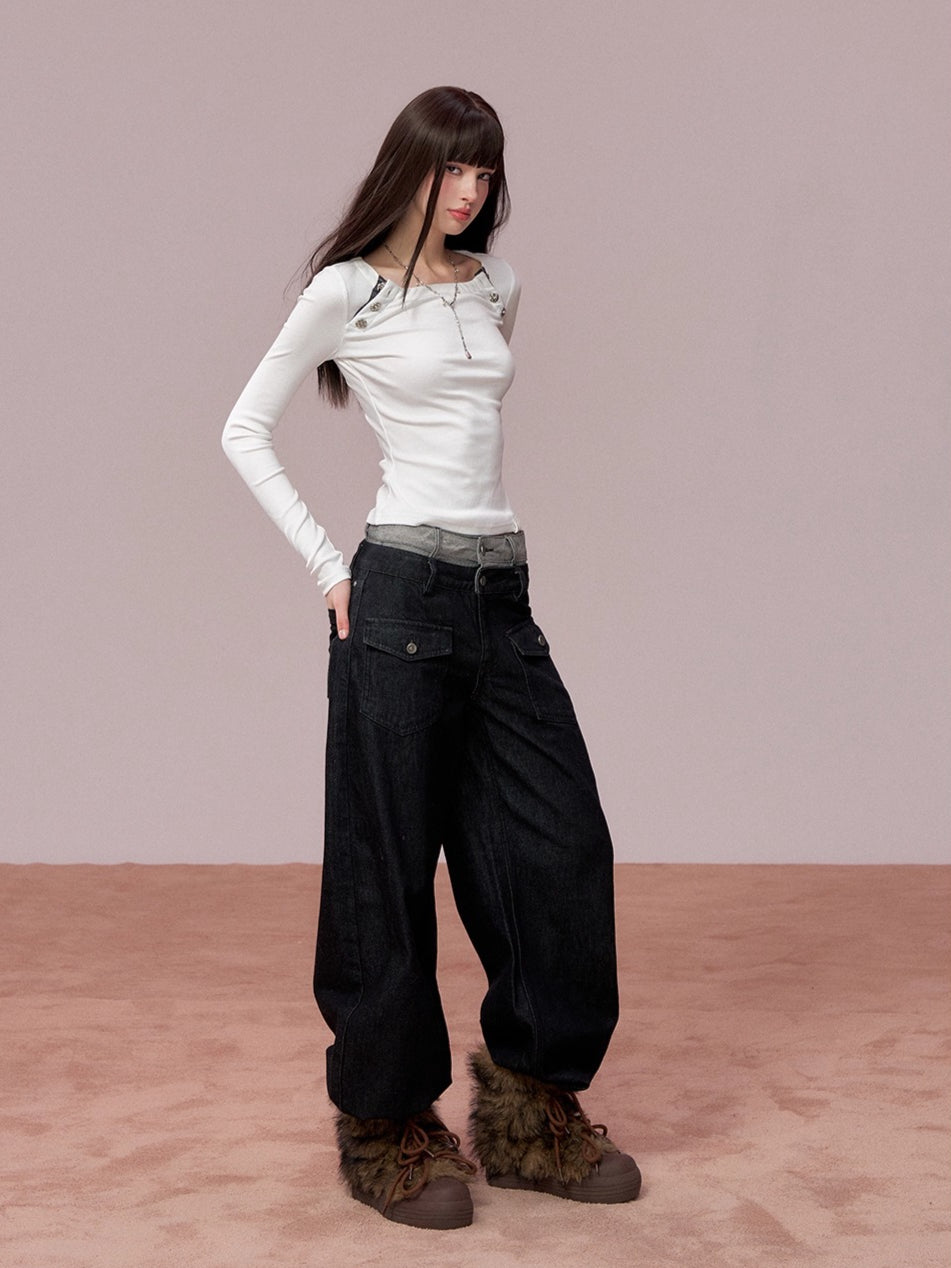 Colorblock Double Waistband Denim Pants