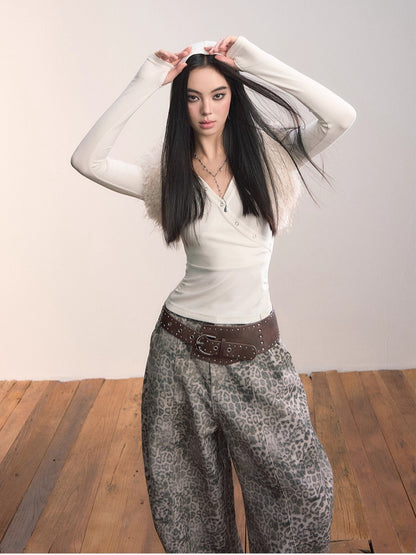 Cross Neck Hooded Slim-Fit Knit Top