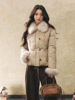 Khaki Faux Fur Collar Puffer Jacket