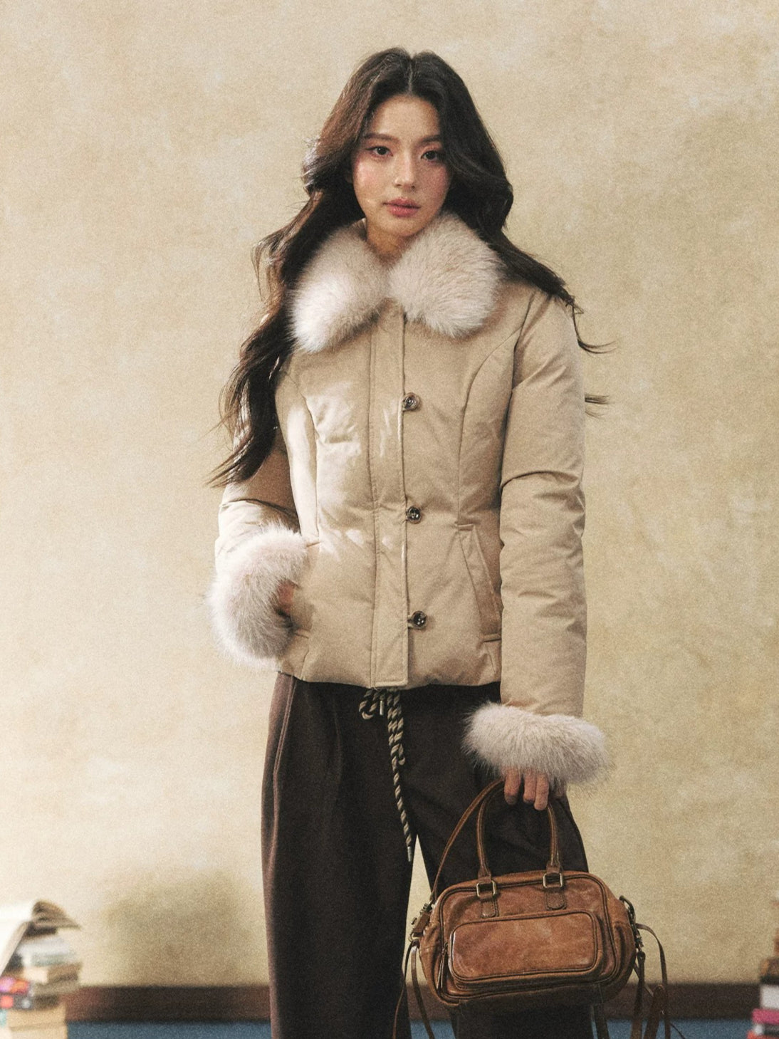 Khaki Faux Fur Collar Puffer Jacket