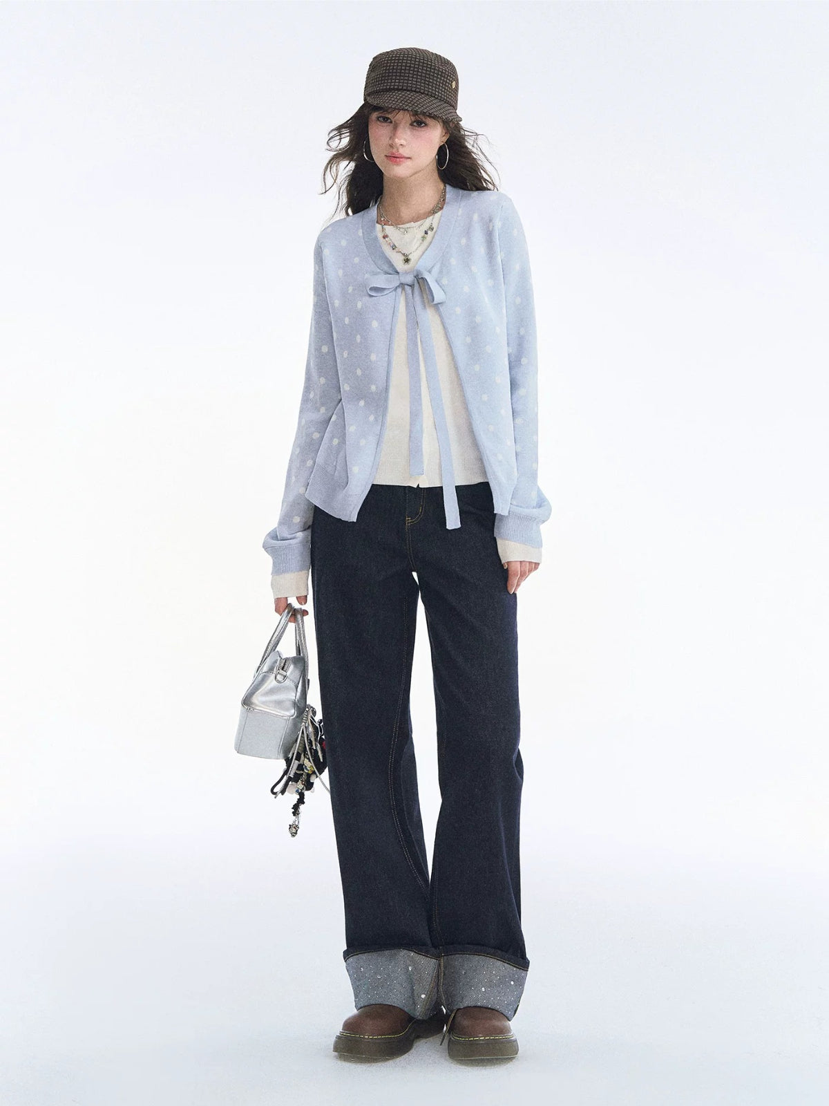 Polka Dot Bow Tie Knit Cardigan