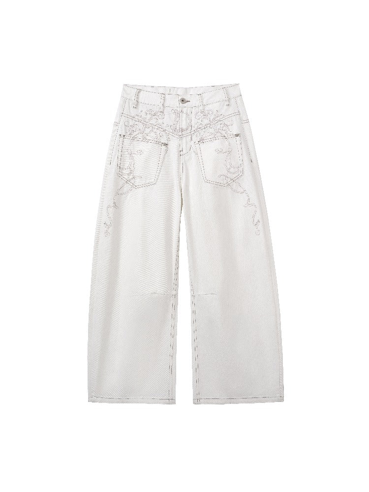 Embroidered Curved Wide-Leg Jeans