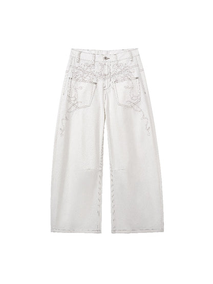 Embroidered Curved Wide-Leg Jeans