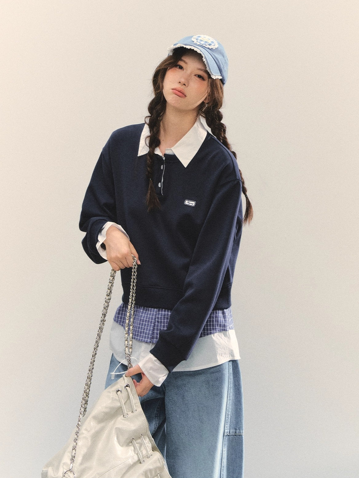 Navy Blue Plaid-Patchwork Polo Sweatshirt