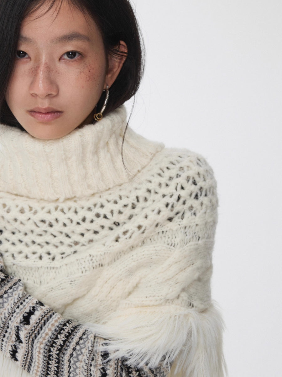 Cable Knit Fringed High-Neck Wool Blend Poncho