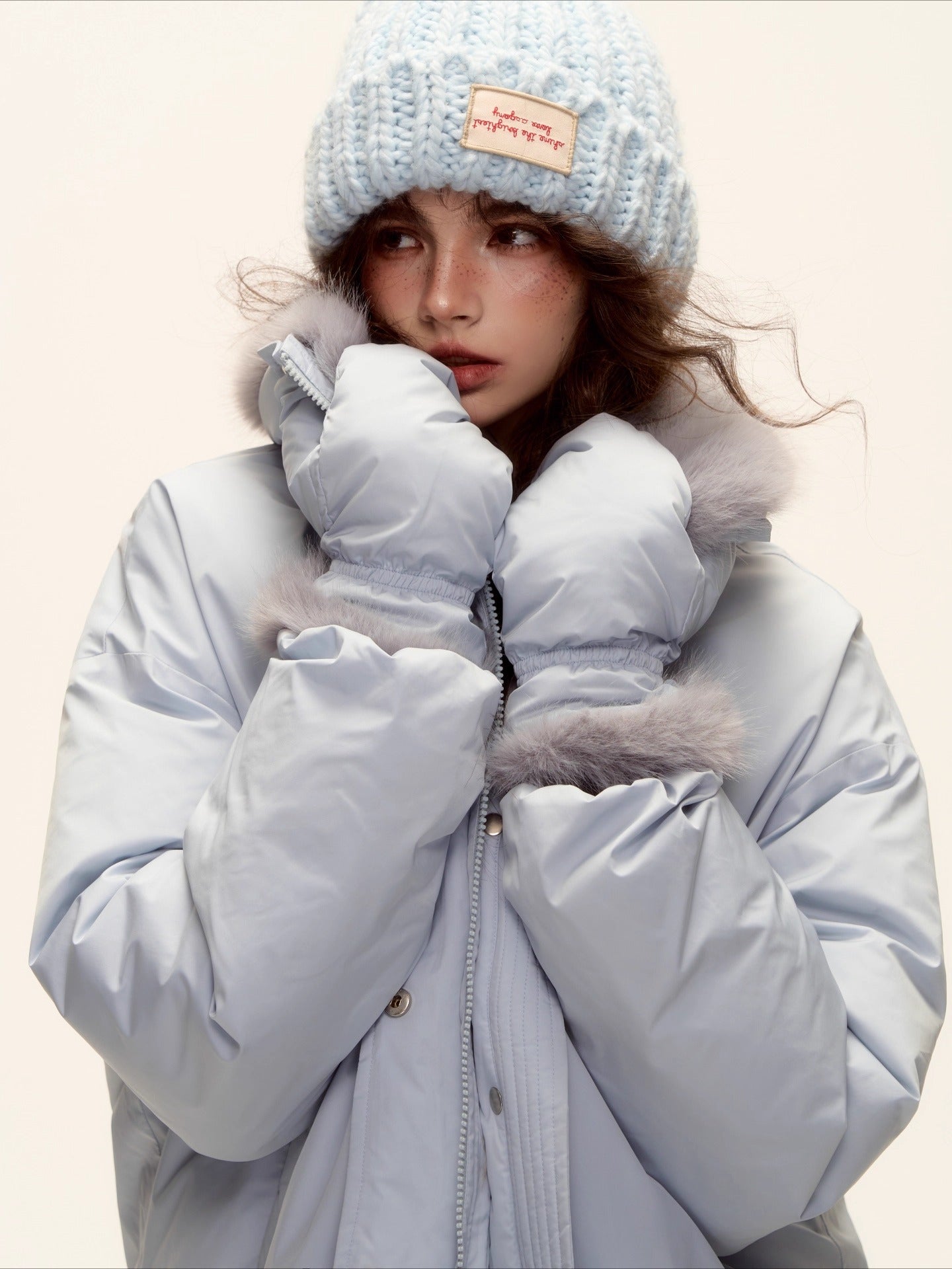 Detachable Fur Collar Short Down Jacket &amp; Gloves Set