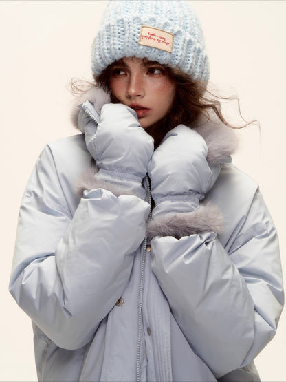 Detachable Fur Collar Short Down Jacket &amp; Gloves Set