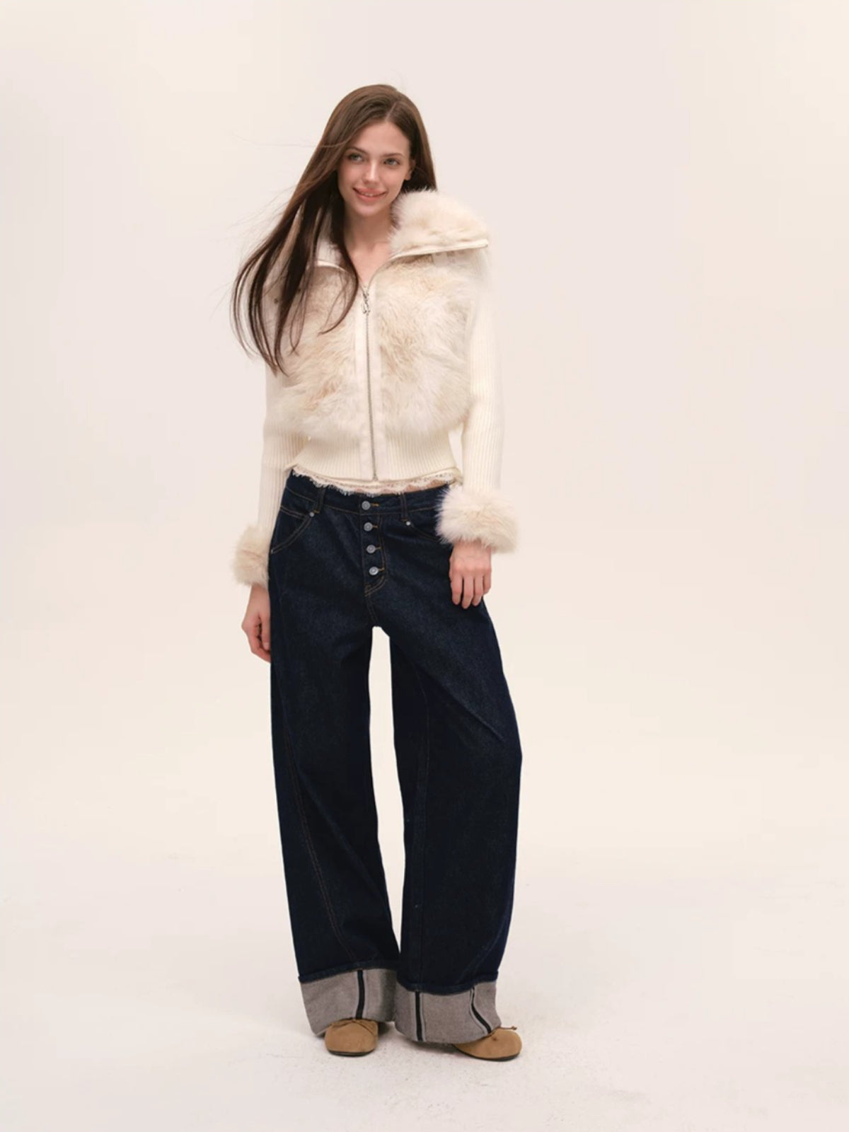 Indigo Button Front Wide-Leg Jeans