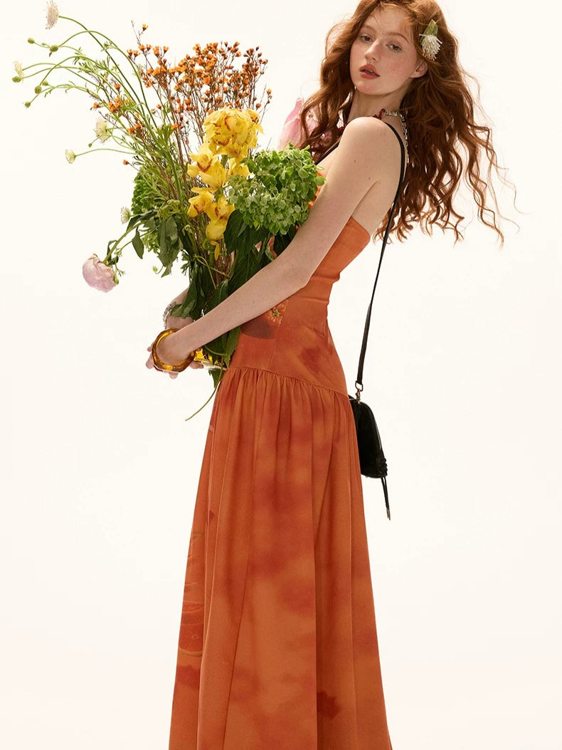 Orange Strapless Slit A-Line Dress