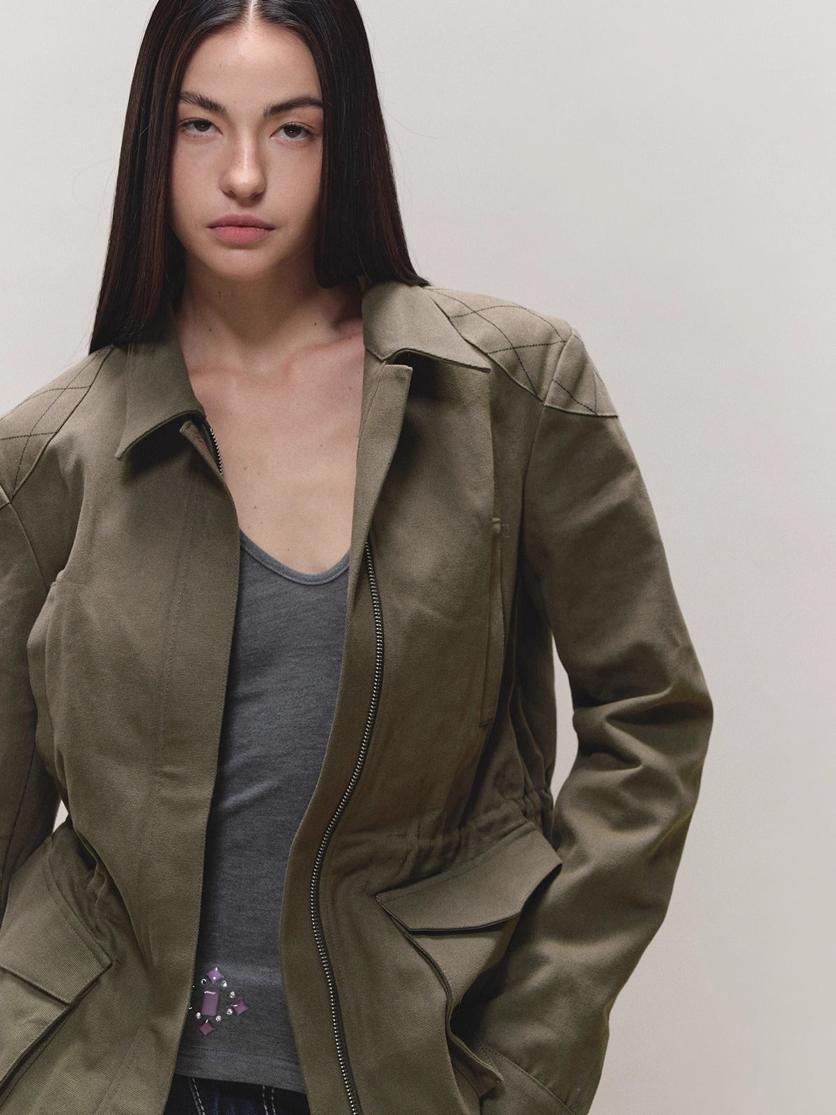 Diamond-Quilt Contrast Hunter Jacket