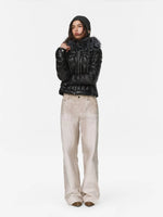 Denim Trim Fur-Collar Down Jacket