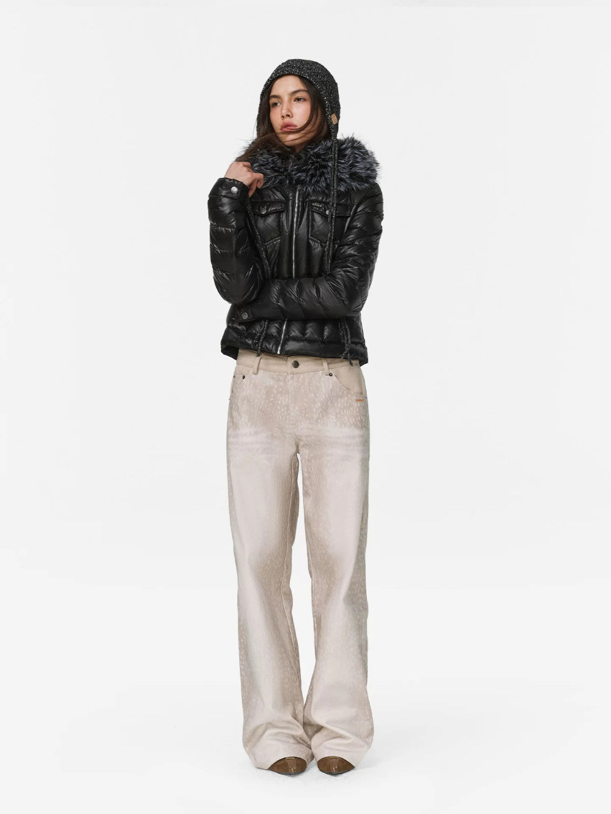 Denim Trim Fur-Collar Down Jacket