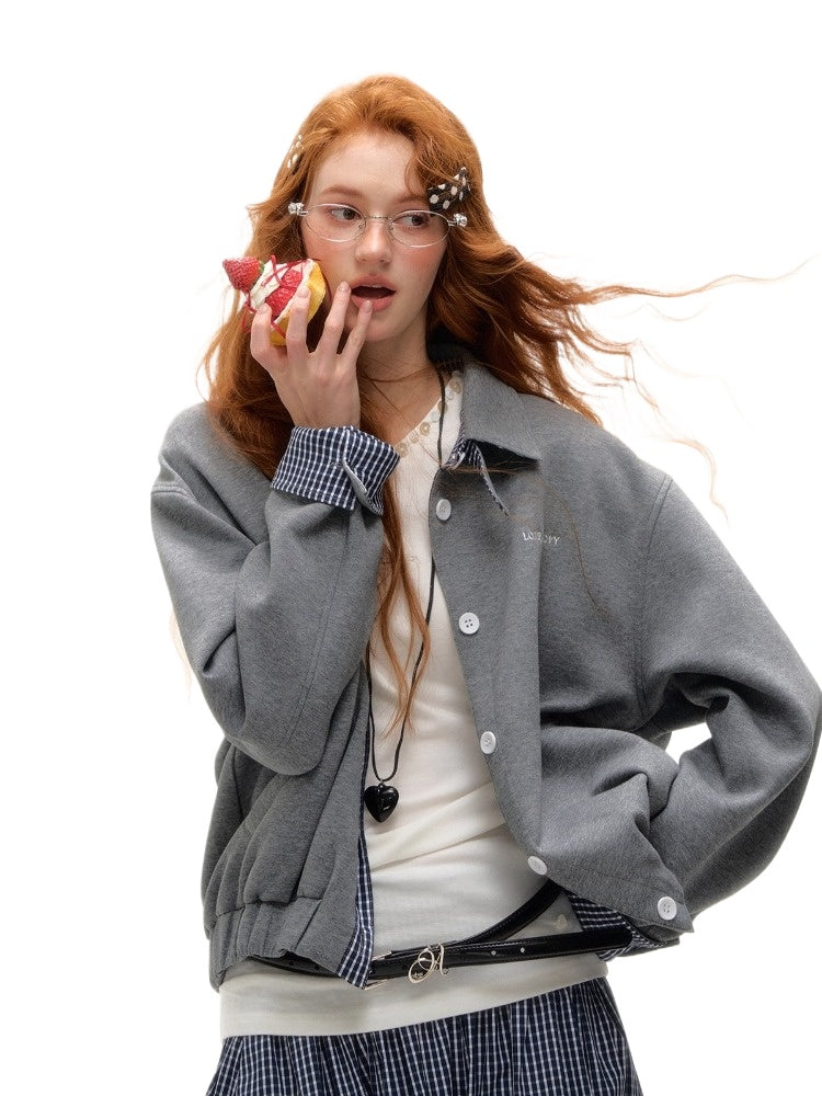 Plaid Collar Zip Sweatshirt Jacket