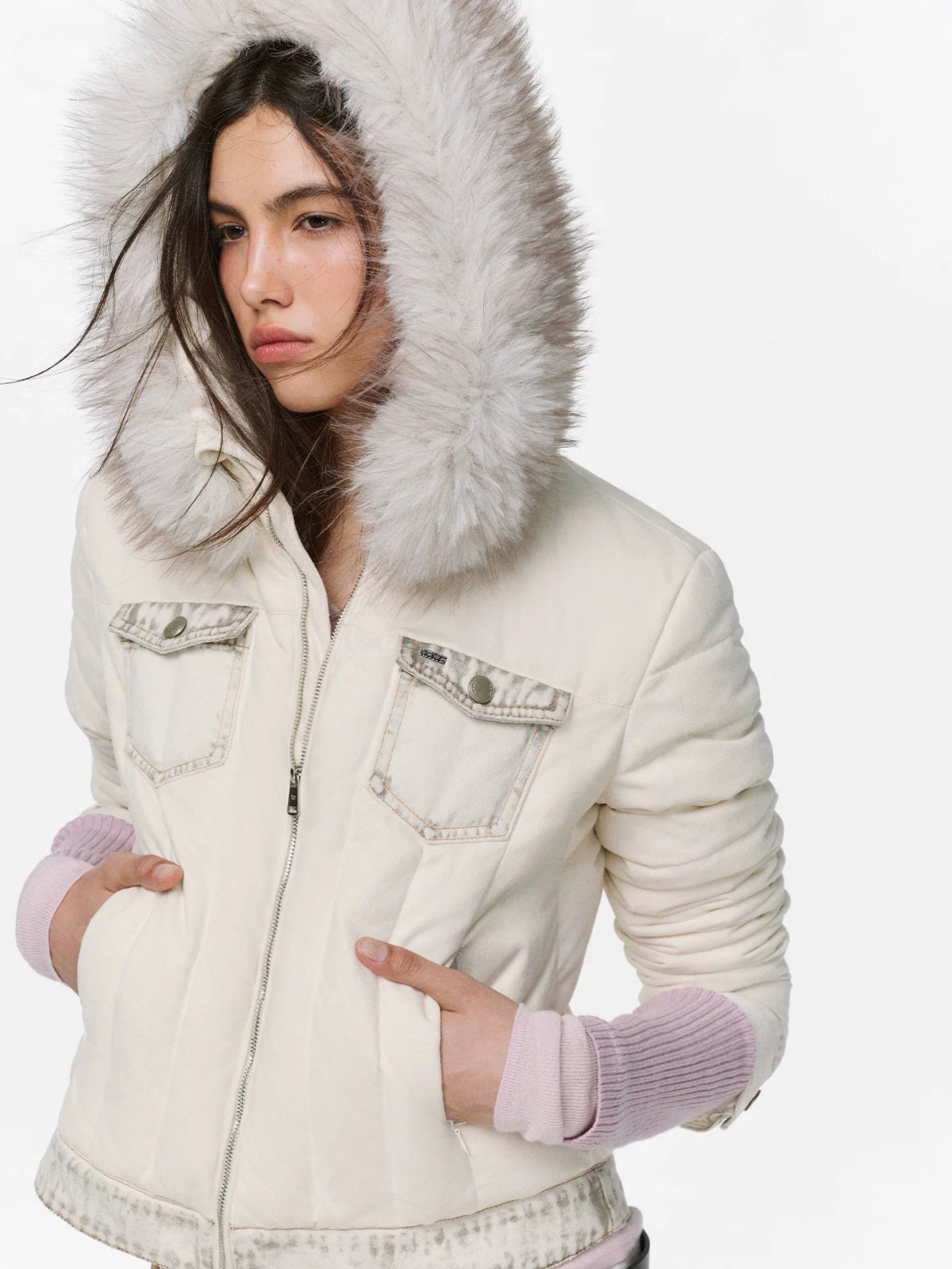 Denim Trim Fur-Collar Down Jacket