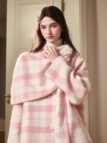 Baby Pink Raspberry Check Wool-Like Cape Coat