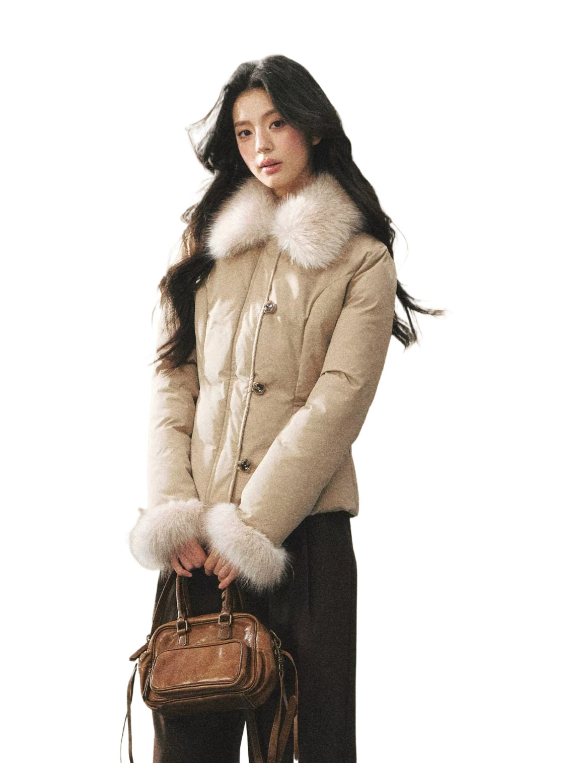 Khaki Faux Fur Collar Puffer Jacket