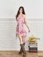 Irregular Neck Floral Waist-Defined Dress