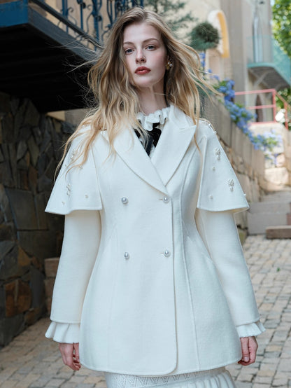 Mira Vintage-Inspired Pearl Cape Woolen Coat