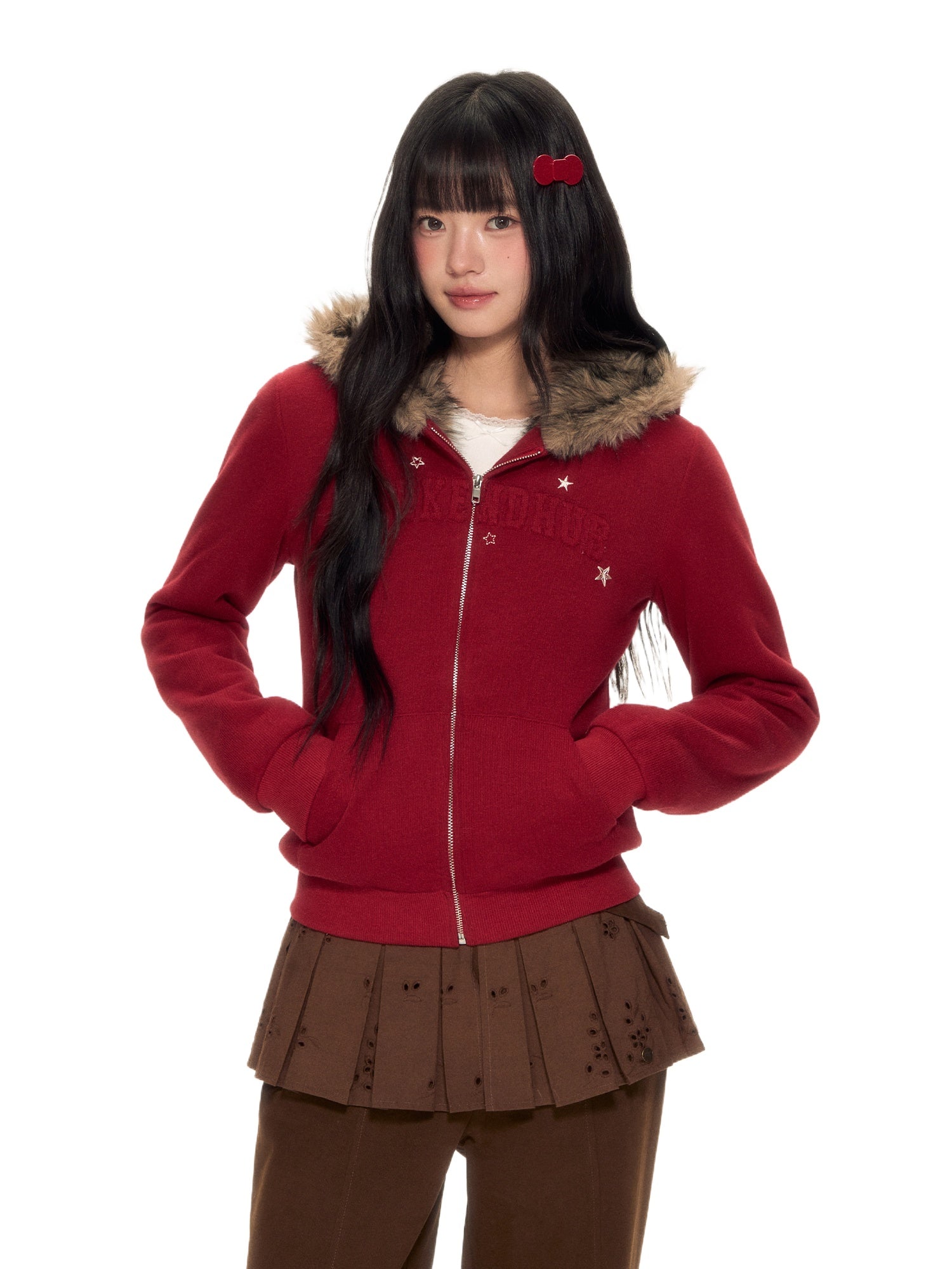 Red Fur Trim Hooded Fitted Cardigan