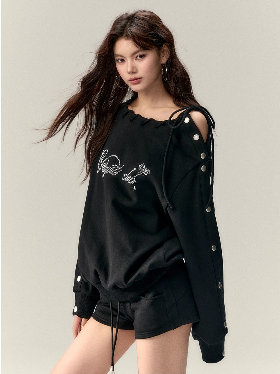 Studded Off-Shoulder Cotton Sweatshirt