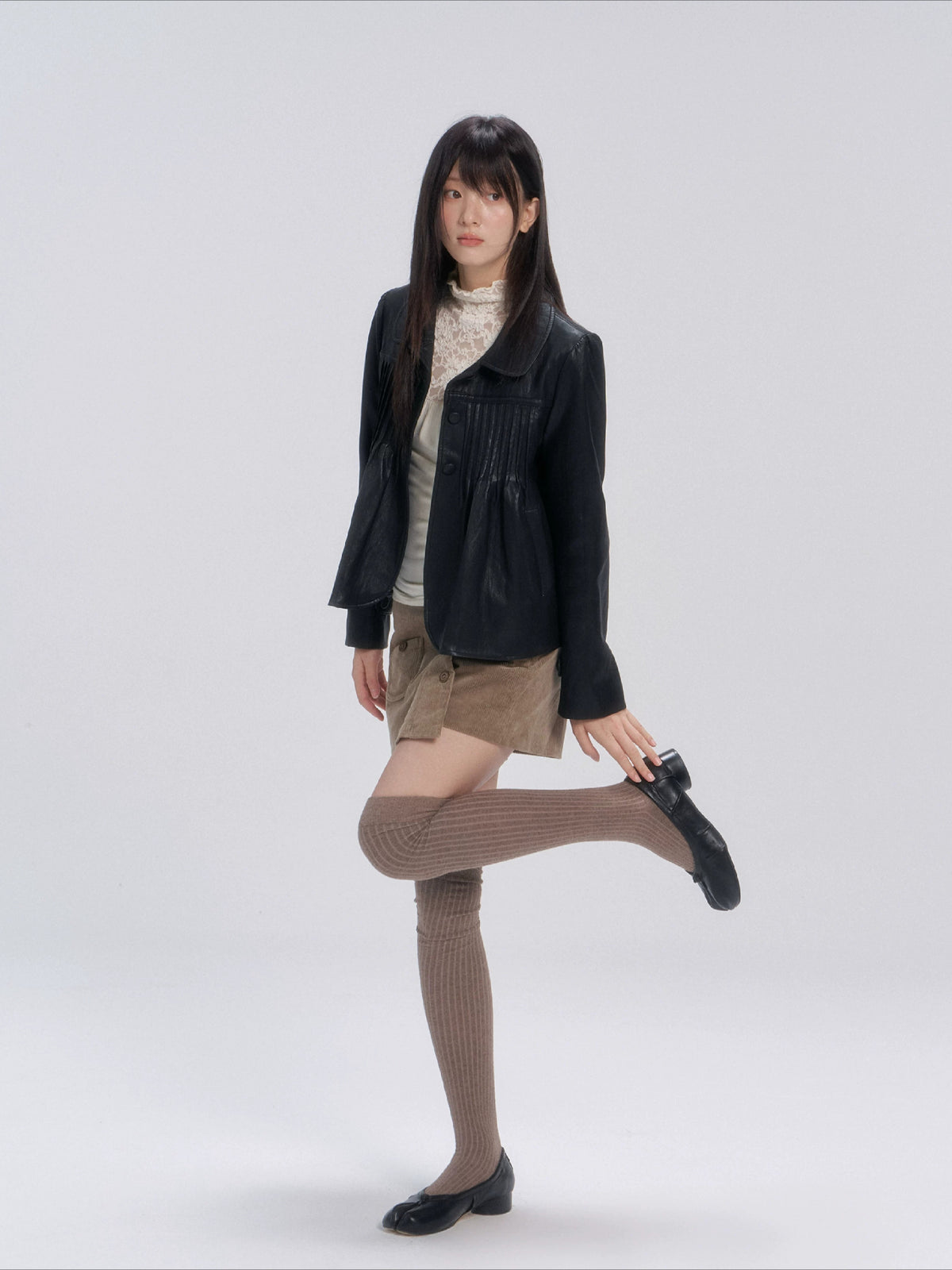 Pleated Curved-Hem Leather Jacket