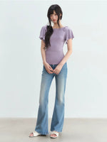 Purple Bow Tie Puff Sleeve Top