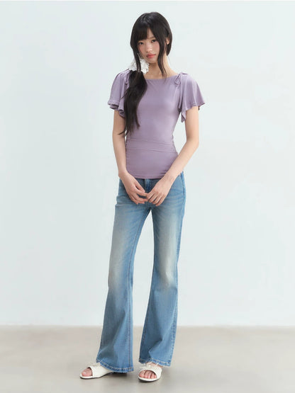 Purple Bow Tie Puff Sleeve Top