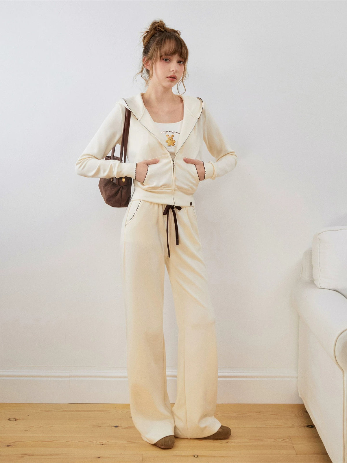 Contrast Trim Zip Hoodie &amp; Flared Pants Set