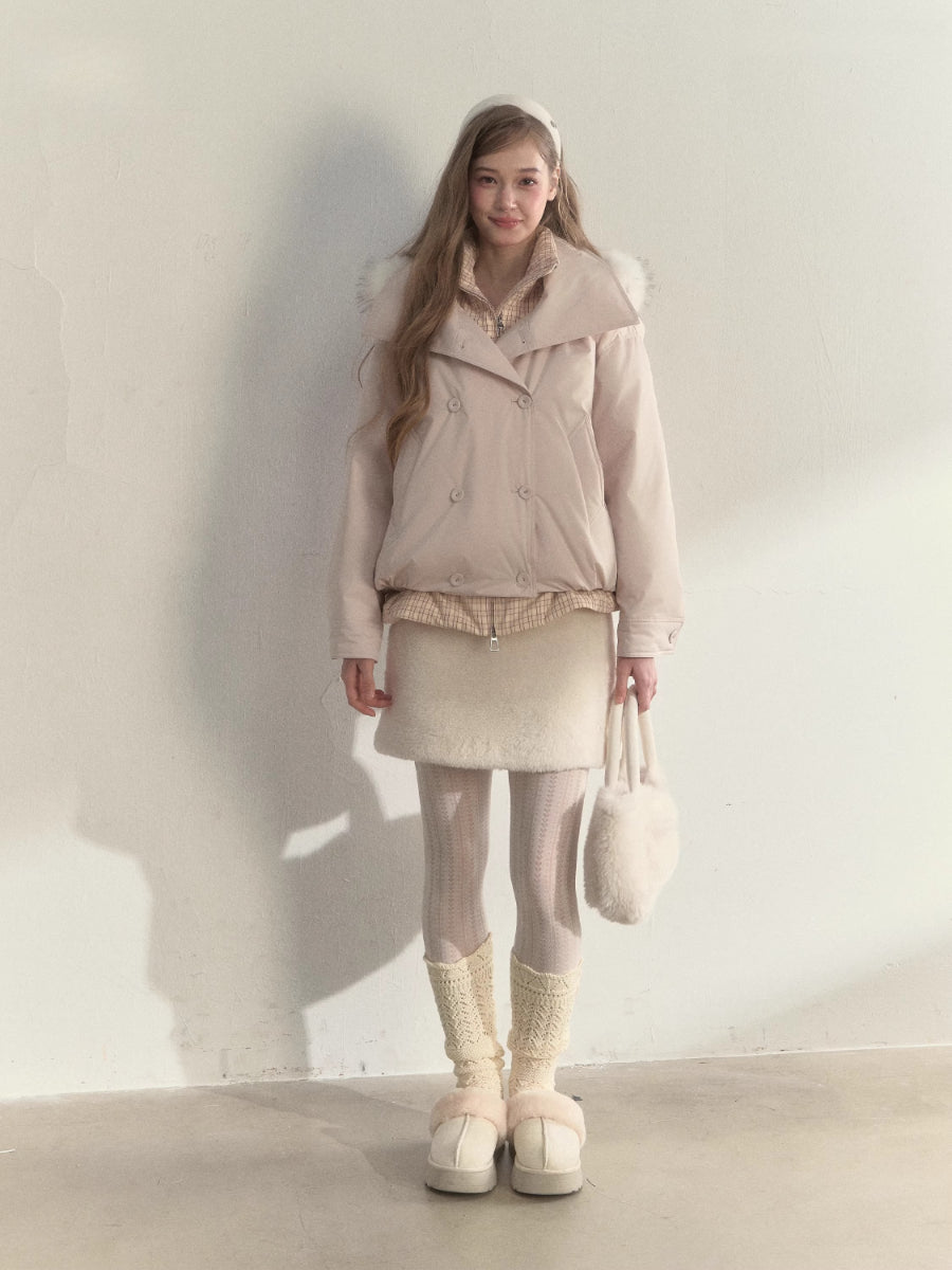 Double-Breasted Plaid Faux-Layered Paperbag Down Parka