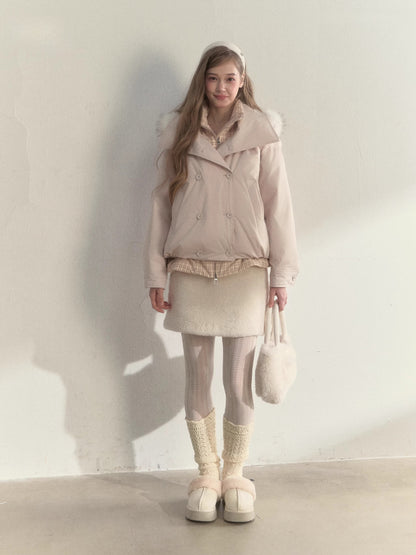 Double-Breasted Plaid Faux-Layered Paperbag Down Parka