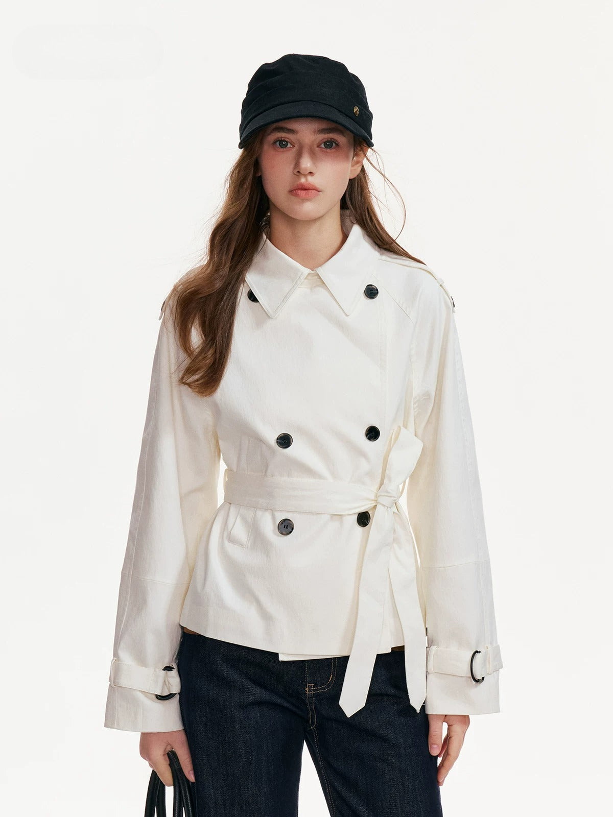 Buttoned Lapel Belted Cropped Trench Coat