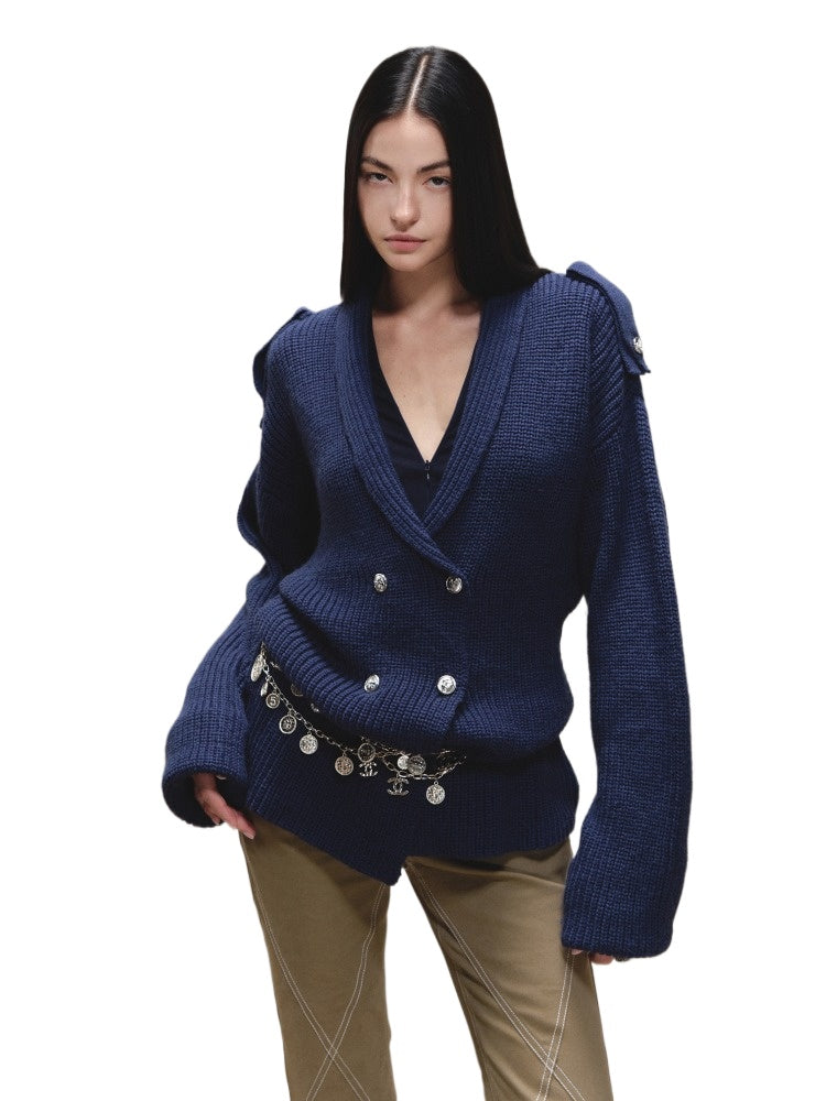 Wool Epaulet Double-Breasted Cardigan