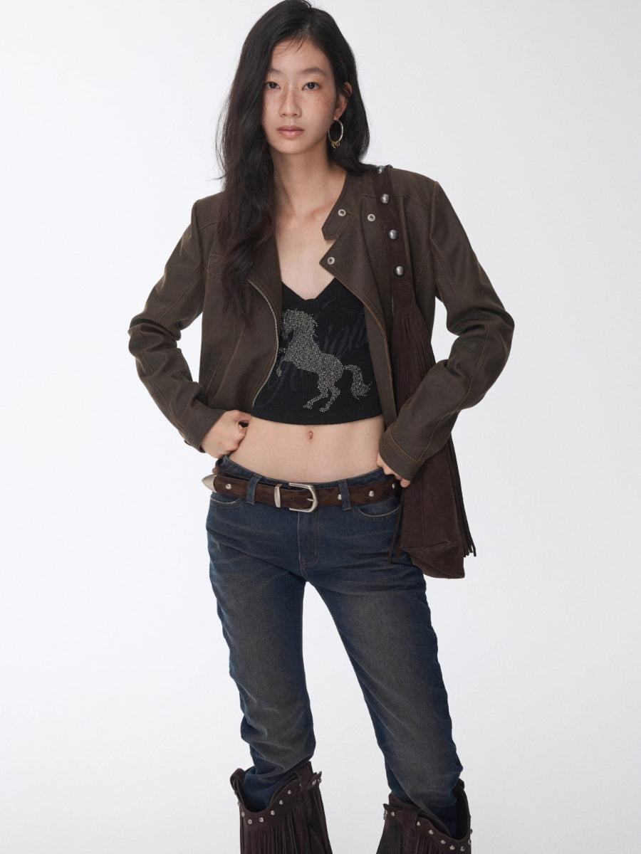 Vintage Washed Cracked Leather Fitted Moto Jacket