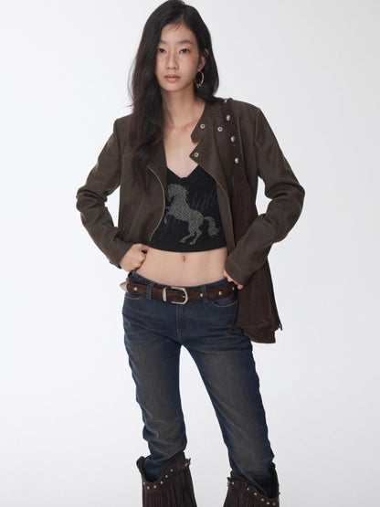 Vintage Washed Cracked Leather Fitted Moto Jacket