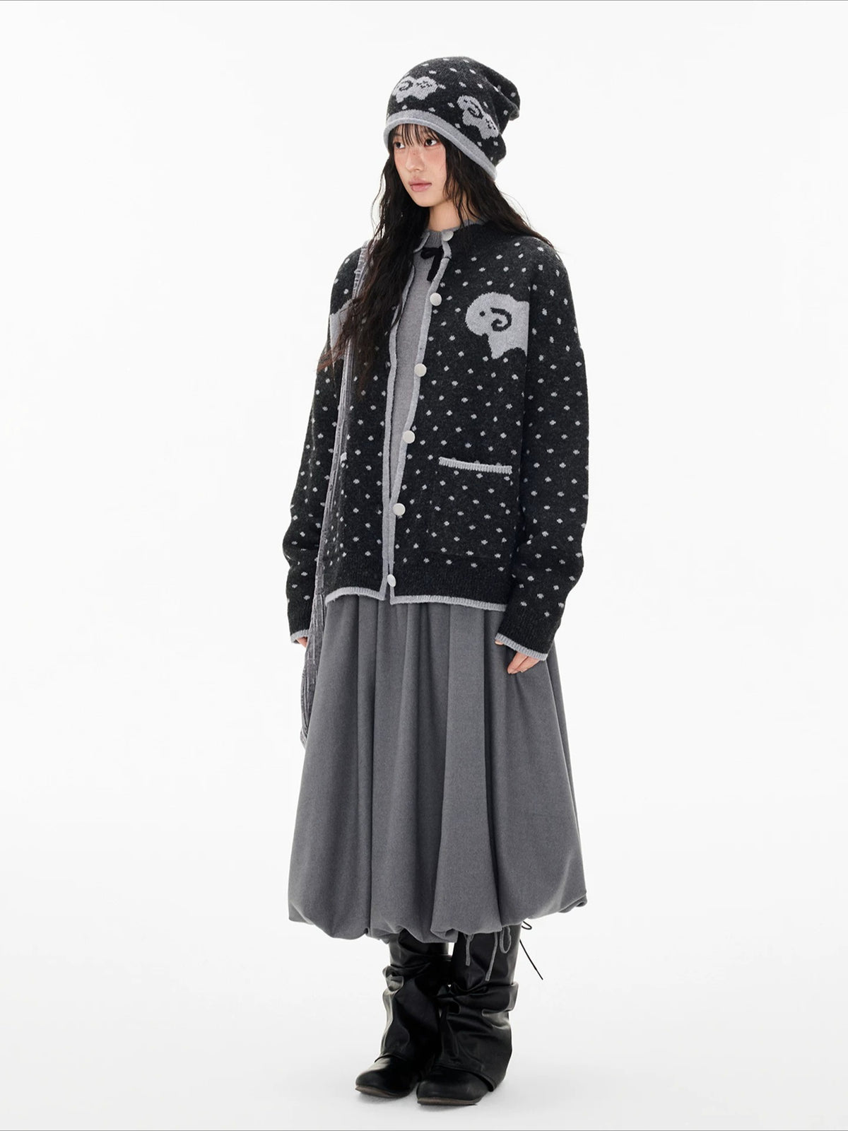 Contrast Sheep Jacquard Knit Cardigan